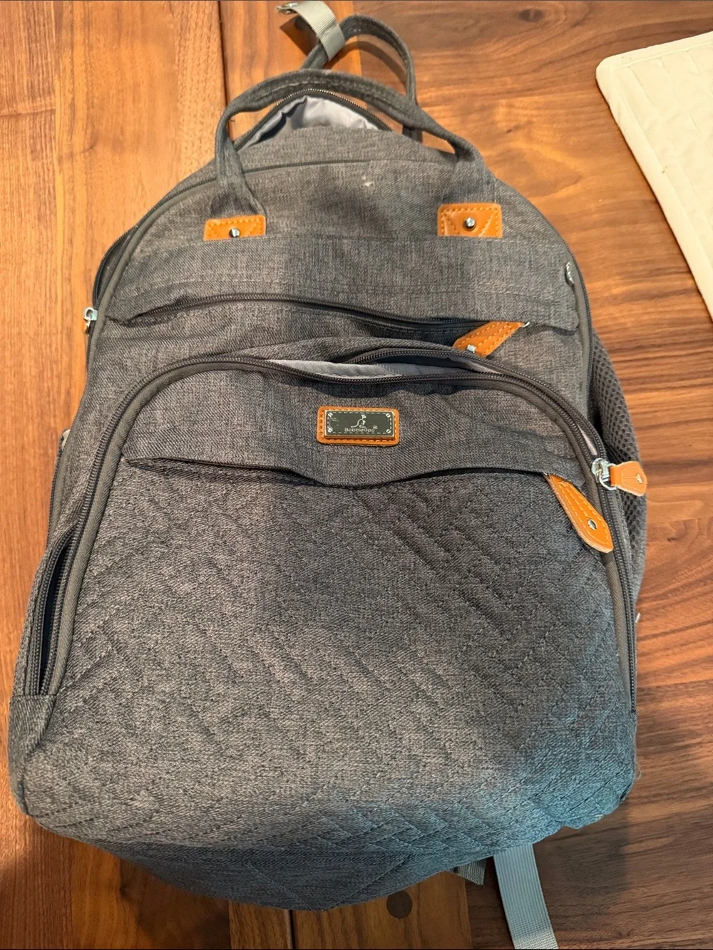 Gray Quilted Baby Backpack with Tan Accents